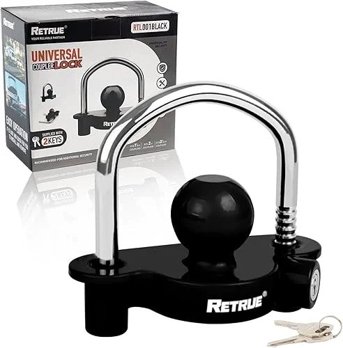 Universal Coupler Lock Trailer Locks Ball Hitch Trailer Hitch Lock Adjustable Security Heavy-Duty Steel Fits 1-7/8 Inch, 2 Inch, 2-5/16 Inch Couplers Black