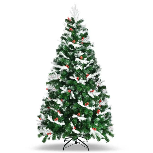 Unlit Snowy Hinged Christmas Tree with Mixed Tips and Red Berries-6′