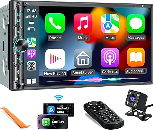 Upgrade Wireless Double Din Car Stereo with Carplay, Android Auto, Bluetooth, 4-Channel RCA, High Power, 2 Subwoofer Ports, 7′ HD Capacitive Touchscreen Car Radio, Backup Camera, Audio Receiver
