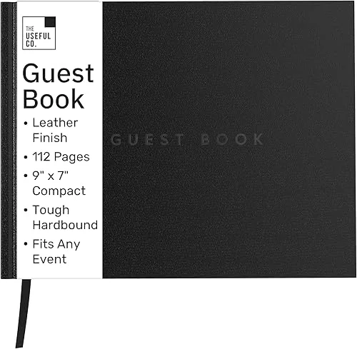 Useful Co. Black Guest Book, Use as Guest Book Wedding Reception, Sign in Book, Guest Book for Vacation Home, Funeral Guest Book, Hardbound Guestbook, Leather Cover, 112 Pages, 9 x 7 Inches