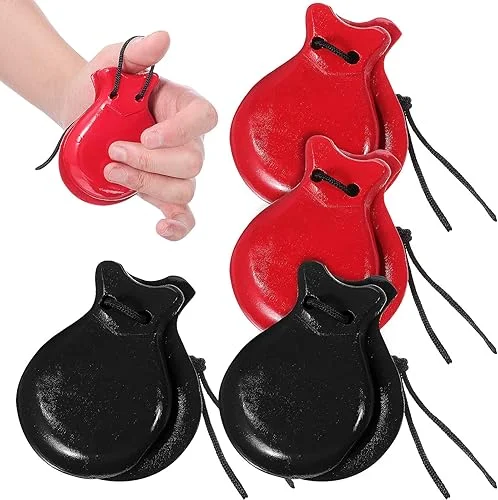 Vaguelly Spanish Castanets, 2 Pairs Flamenco Dance Castanets with String, Wooden Percussion Orff Music Instrument for Adults, Kids, red+black