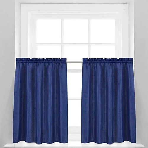 Valea Home Waffle Weave Textured Bathroom Window Curtains Water Repellent Short Curtains Window Covering Half Window Curtains Kitchen Tiers 36 inch Length, Navy Blue, Set of 2