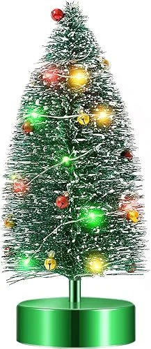 Varmax Mini Christmas Tree with Lights Prelit Christmas Tree Tabletop Tree Bottle Brush Trees 9.4‘’, Green