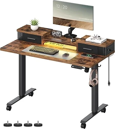 VASAGLE Electric Standing Desk with Drawers, 47.2 x 23.6 Inches, Sit Stand Desk with Power Outlet and LED Lights, Adjustable Height, Storage Shelf, 3 Memory Buttons, for Home Office, Rustic Brown