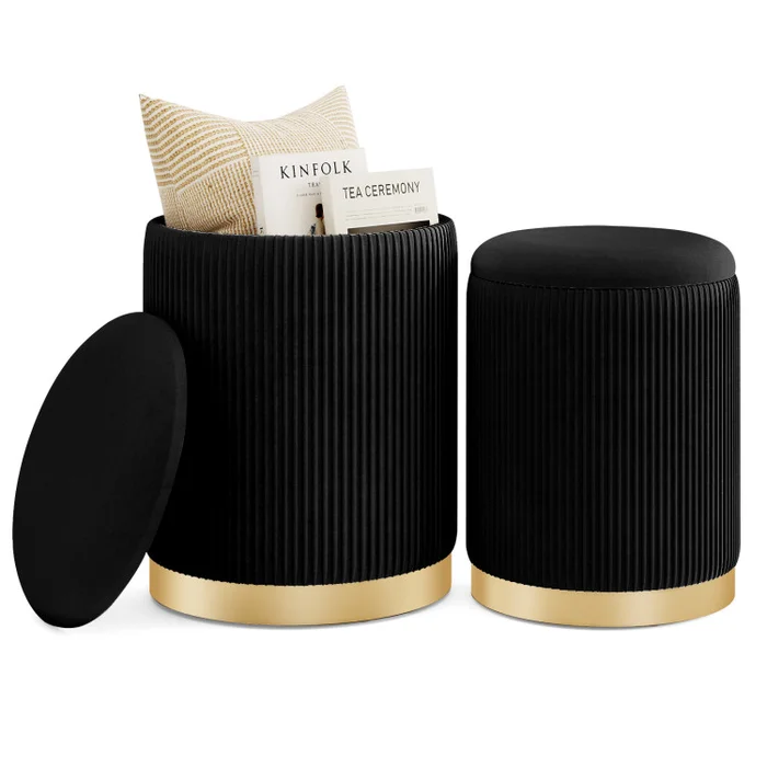 Velvet/Linen Fabric Storage Ottoman Set of 2