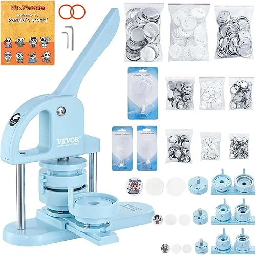 VEVOR Button Maker, 1/1.25/2.28 inch(25/32/58mm) 3-in-1 Pin Maker, 300pcs Button Parts, Ergonomic Arc Handle Punch Press Kit, Button Maker Machine with Panda Magic Book, for Children DIY Gifts, Blue
