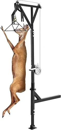 VEVOR Truck Hitch Game Hunting Hoist, 600 lbs Load Capacity, Hitch Mounted Deer Hoist with Winch Lift Gambrel Set, 2′ Hitch Receiver, Foot Base, Adjustable Height & 360 Degrees Swivel, Carbon Steel