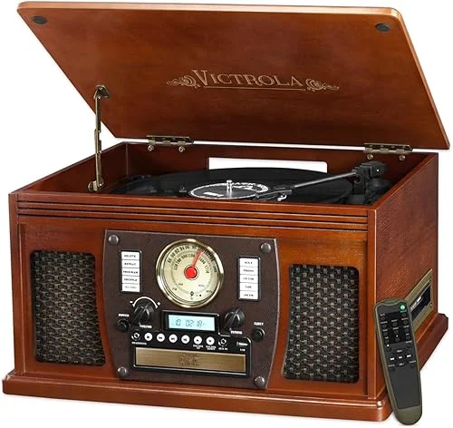 Victrola 8-in-1 Bluetooth Record Player & Multimedia Center, Built-in Stereo Speakers – Turntable, Wireless Music Streaming, Real Wood | Mahogany