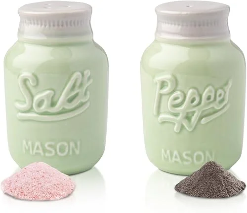 Vintage Mason Jar Salt & Pepper Shakers by Comfify – Adorable Decorative Mason Jar Decor for Vintage, Rustic, Shabby Chic – Sturdy Ceramic in Green – 3.5 oz. Capacity