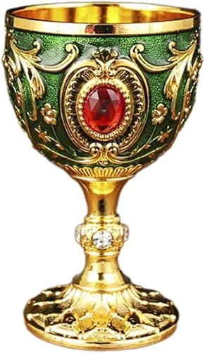 Vintage Medieval Goblet Drinking Glass Party Supplies Handmade Novelty Engraving Metal Wine Cup Desktop Decoration, green