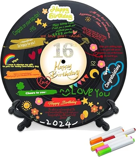 Vinyl Record Sweet 16 Birthday Decorations 11.6’X11.6′, 16th birthday decorations Party Favor Sign Poster, 16th Birthday Guest Book Alternative, Great Sweet 16 Gifts for Girls or Boys (16 Years Old)