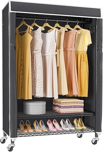 VIPEK R1C Rolling Clothes Rack with Cover Portable Closet for Hanging Clothes, Heavy Duty Garment Rack Freestanding Clothing Rack with Wheels& Hanging Rod, Black Closet Rack with Black Cover