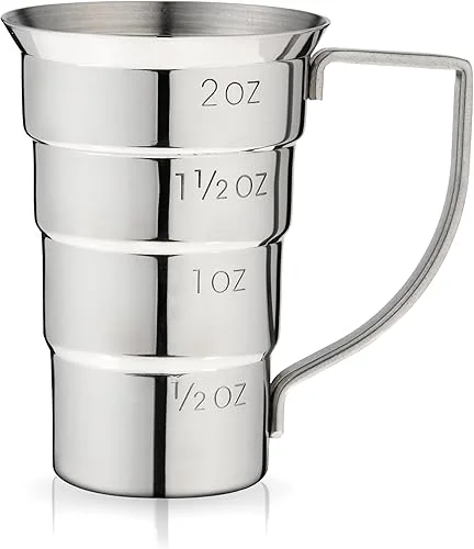 Viski Stepped Jigger with Handle, 4 Markings, Measuring Cup for Cocktail Recipes, 0.5 oz, 1 oz, 1.5 oz, & 2 oz, Stainless Steel, Set of 1, Silver
