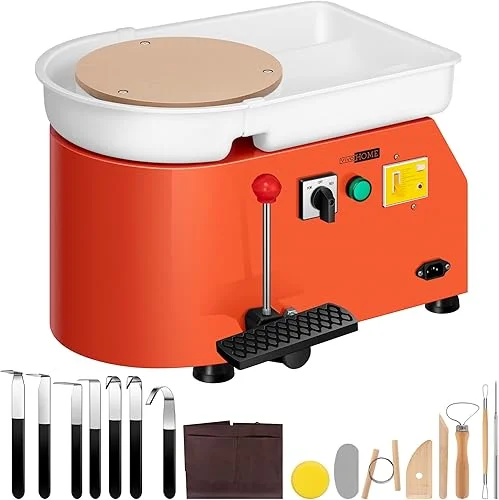 VIVOHOME 9.8Inch 25CM Electric Pottery Throwing Wheel with Bat Pin Holes, Ceramic Clay Wheel with Foot Pedal and Detachable Basin, DIY Tools for Adults Beginners Art Craft Orange