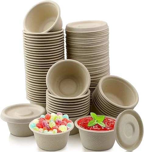 Vmiapxo 100 Sets 2oz Natural Bagasse Fiber Condiment Cups with Lids, Compostable Sauce Condiment Containers Disposable Paper Dishes Serving Sample Cups for Snack Tasting Charcuterie