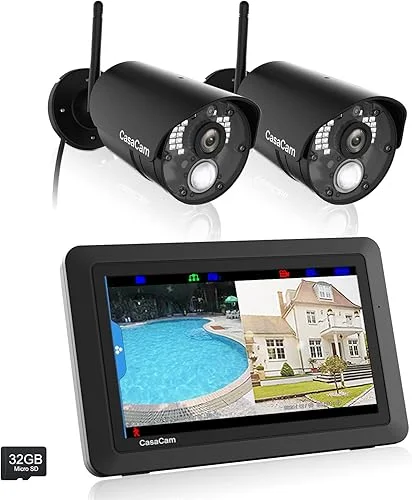 VS802 Wireless Security Camera System with 7′ Touchscreen Monitor and 2 pcs HD Cameras (Camera Requires AC Power), Two-Way Audio, Free APP, SD Card and Battery Installed