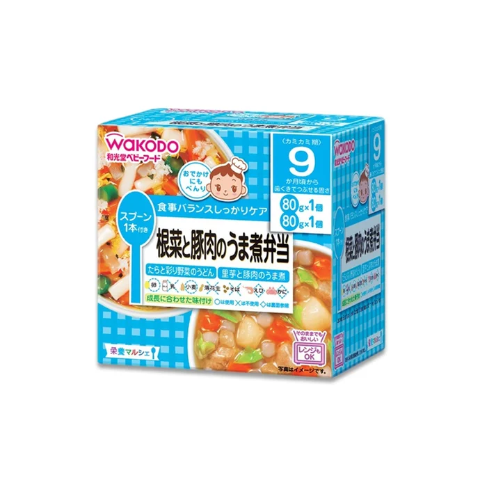 WAKODO Ready-to-Eat Bento 9 Months + Assorted Vegetables Tuna Udon Noodles 80g + Pork Stewed Taro Soup 80g