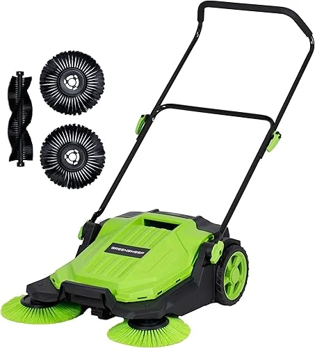 Walk Behind Manual Push Floor Sweeper – 5 Gallon Capacity – Easy Storage – Outdoor Use – Additonal Heavy Duty Brush Set