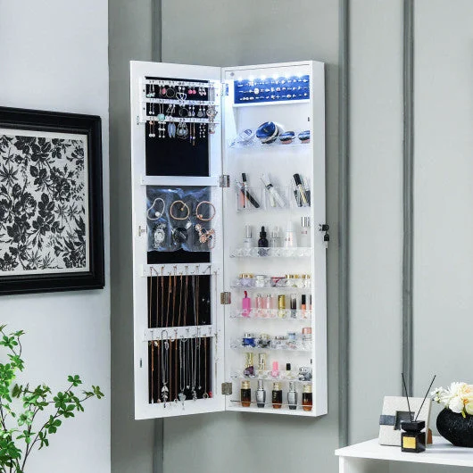 Wall Door Mounted Jewelry Armoire with Frameless LED Mirror-White