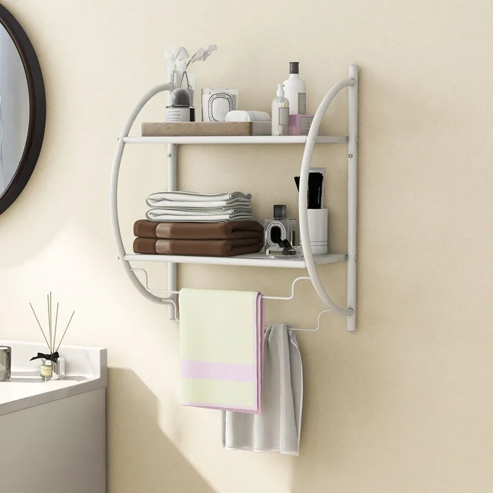 Wall-Mounted 2-Tier Bathroom Shelf with 2 Towel Bars