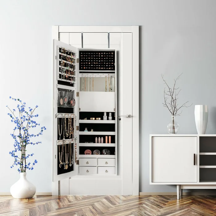 Wall- or Door-Mounted LED Mirror Jewelry Cabinet