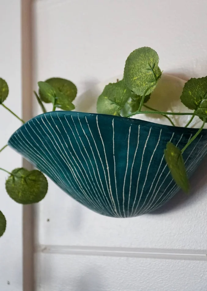 Wall Planter in Glazed Teal with White Vertical Lines