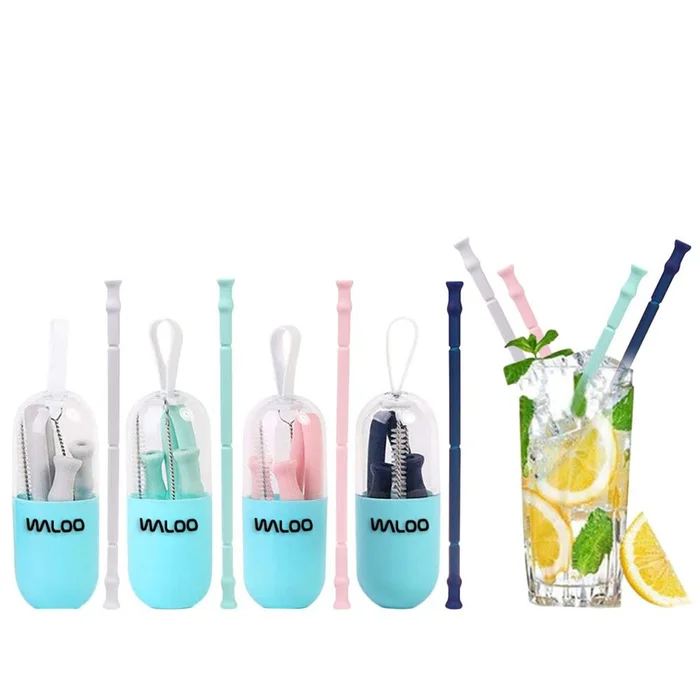 Waloo Reusable Silicone Drinking Straw with Case (4-Pack)