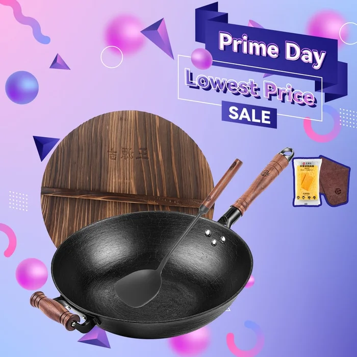 WANGYUANJI 32cm/12.6” Chinese Cast Iron Wok + Spatula Craft Wok Flat Bottom with Lid Fry Pan Suitable for All Stoves