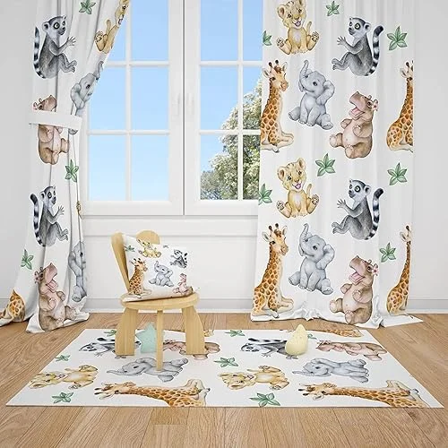 Watercolor Safari Animals Baby Boy Room Curtains Nursery Curtains Window Curtains (Pair of – 51′ x 84′)