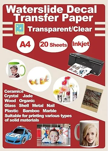 Waterslide Decal Paper 20 Sheets Inkjet Clear Printable A4 Size Transparent Water Slide Transfer for Tumblers Mugs Glasses Wood