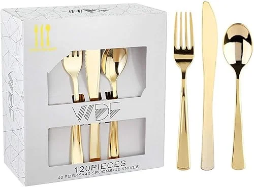 WDF 120 Pieces Gold Plastic Silverware – Disposable Flatware Set – Heavy Duty Plastic Cutlery – Silverware Includes 40 Forks, 40 Spoons, 40 Knives – Plastic Silverware