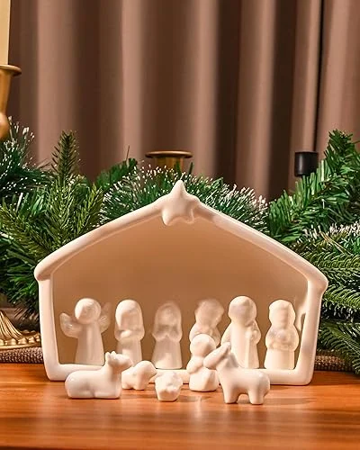 WDS Wondrous 12-Piece Ceramic Nativity Set, Miniature Christmas Figurines, White Porcelain Nativity Scene for Indoor Farmhouse Creche Tabletop Decorations