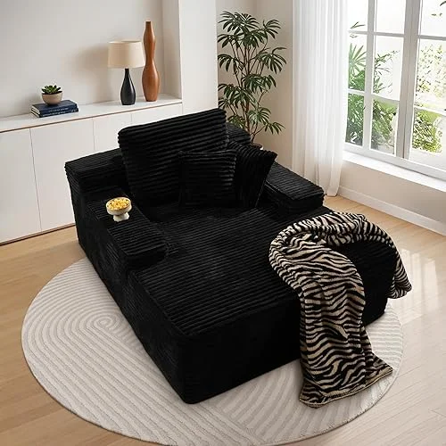 Weaxty Chaise Lounge Indoor, Upholstered Plush Sofa Bed with Throw Pillows and Armrests, 54,33′ Deep Seat Corduroy Lazy Chair Bed, Sleeper Chair Sofa Couch for Living Room, Bedroom,Black
