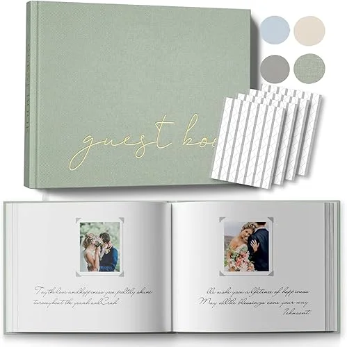 Wedding Guest Book with Table Sign and 216 Photo Corners Stickers, Linen Polaroid Guest Book for Wedding，Baby Shower – 100 Blank Pages Guestbook for Sign in and Photos- Sage 7.2×9.2”