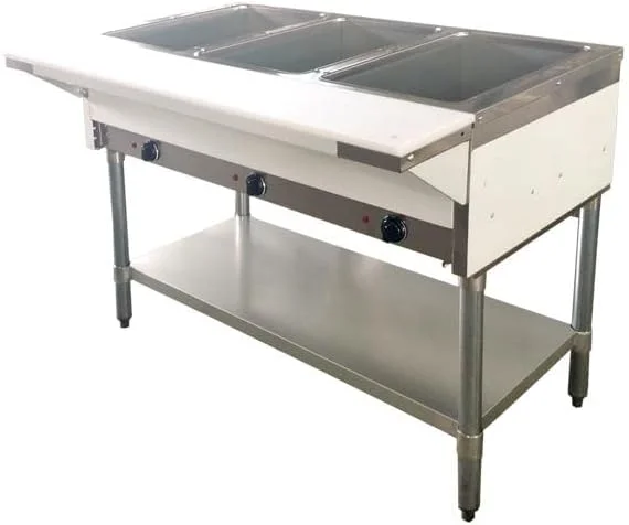 Well Natural 44” Natural Gas Steam Table with Cutting Board and Undershelf, 3 Pans are Included Omcan 47343, 44.1″ x 30.4″ x 34.4″, Stainless Steel