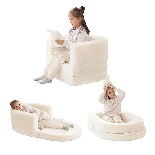 Welnow 3-in-1 Kid Toddler Travel Bed, Convertible Portable Toddler Flip Out Floor Beds, Foldable Kid Cot with Washable Cover & High-Density Mattress, Kids Folding Couch for Girl or Boy, Beige