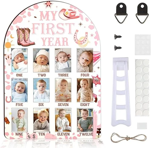 Western Cowgirl My First Year Photo Frame, Baby's First Year Wooden Picture Frame Pink, Newborn 12 Months Milestone Memories Display Wood Board for 1st Birthday Decorations Keepsake Gift