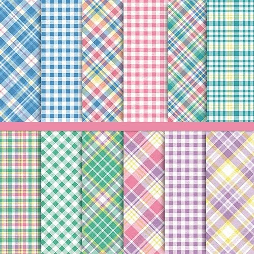 Whaline 12 Designs Spring Pastel Plaid Pattern Paper 24 Sheet Scrapbook Specialty Paper Double-Sided Easter Decorative Craft Paper Folded Flat for Card Making Scrapbook Photo Album Decor, 30 x 30cm