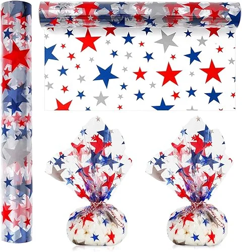 Whaline Patriotic Cellophane Wrap Roll 100ft x 16In 2.5Mil Red Gray Blue Stars Cellophane Paper 4th of July Crystal Clear Cello Wrapping Paper for Independence Day Treats Gifts Basket Party Favor
