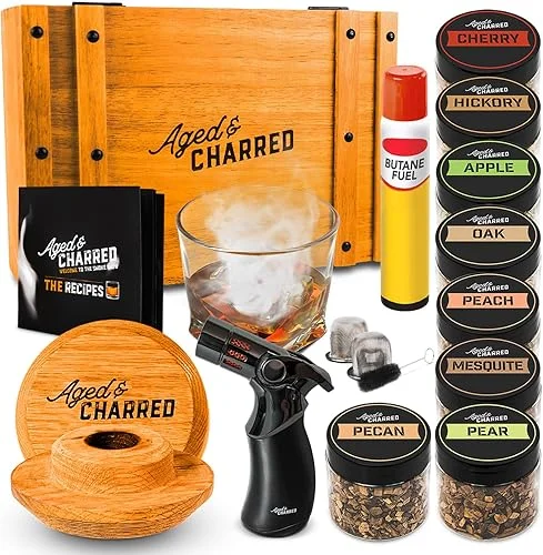 Whiskey Cocktail Smoker Kit with Torch & 8 Flavors Wood Chips – Premium USA Oak Smoker – Old Fashioned Smoker Kit – Bourbon Gifts for Men (with Butane)