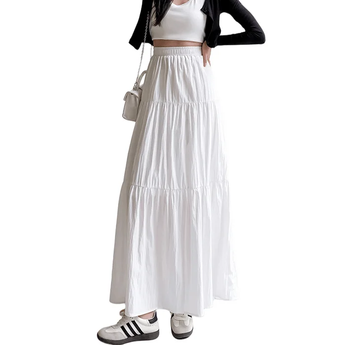 White Cake Skirt Soft High Waist Slim Fit Versatile Elastic Waist Midi Skirt 1Piece