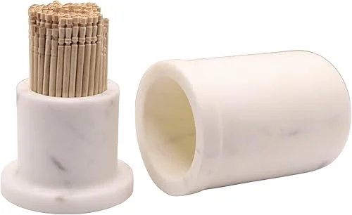 White Marble Toothpick Stick Holder with Lid , Toothpick Dispenser For Kitchen , Toothpick Case Stand 3.25 X 2 ( Inch ) White