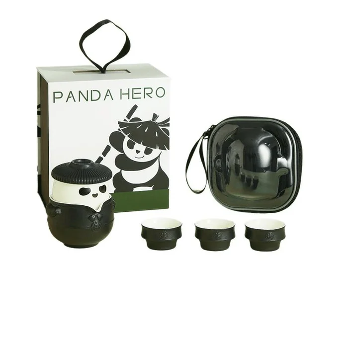White Room Panda Kung Fu Tea Set Chinese Portable Anti Scalding Tea Pot, Three Cups Yahei Tea Cup, 5cm