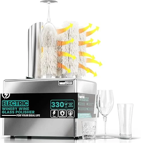 Wine Glass Polisher Machine – 5 Brushes 330 Cups/Hour Commercial Electric Automatic Dryer with 304 Stainless Steel, 100% Cotton, 1200W High Power, 136°F Air Drying for Bar Restaurant Kitchen