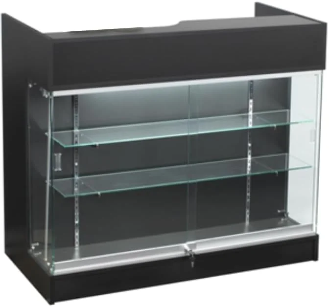 Wisdomfur Ledge top Counter with Showcase,4ft，Display Case Front, Tempered Glass, Locking Drawers & Shelves，Black