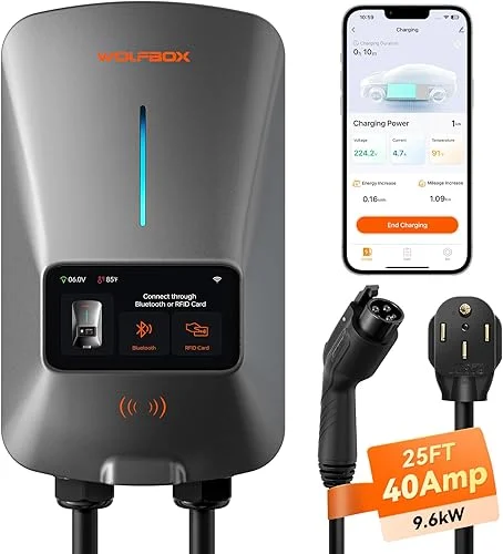 WOLFBOX Level 2 EV Charger 40 Amp – Smart Display, RFID Card, 25ft Cable, Outdoor/Indoor, NEMA 14-50 EV Charger Level 2, WiFi Enabled Electric Car Charger, 240V Electric Vehicle Charging Stations