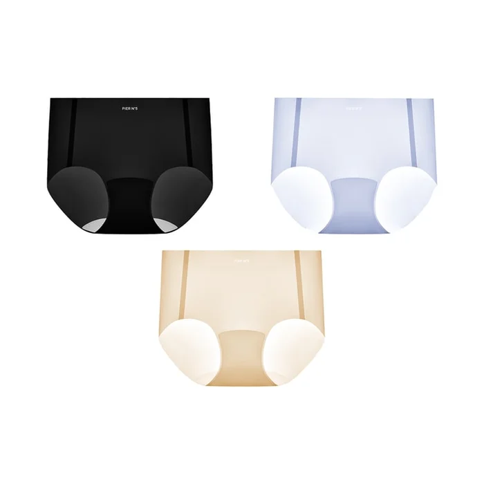 Women's Ice Silk Seamless Panties Dream Black + Clear Sky Blue + Rice Skin Tone L 【55-65kg】3-Piece Set