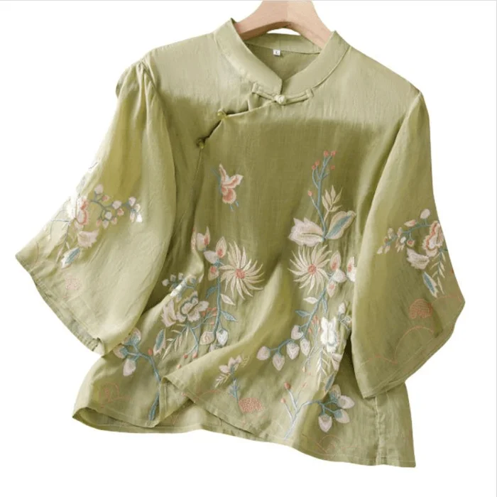 Women Chinese Style Embroidered Retro Button Mid-sleeve Shirt Top Green M