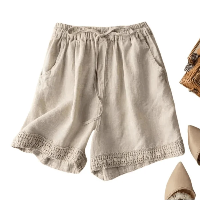 Women Summer Cotton and Linen Hollowout Lace Splicing Loose Casual Shorts Beige M