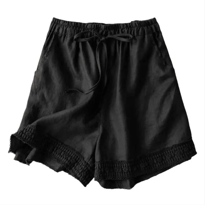 Women Summer Cotton and Linen Hollowout Lace Splicing Loose Casual Shorts Black M